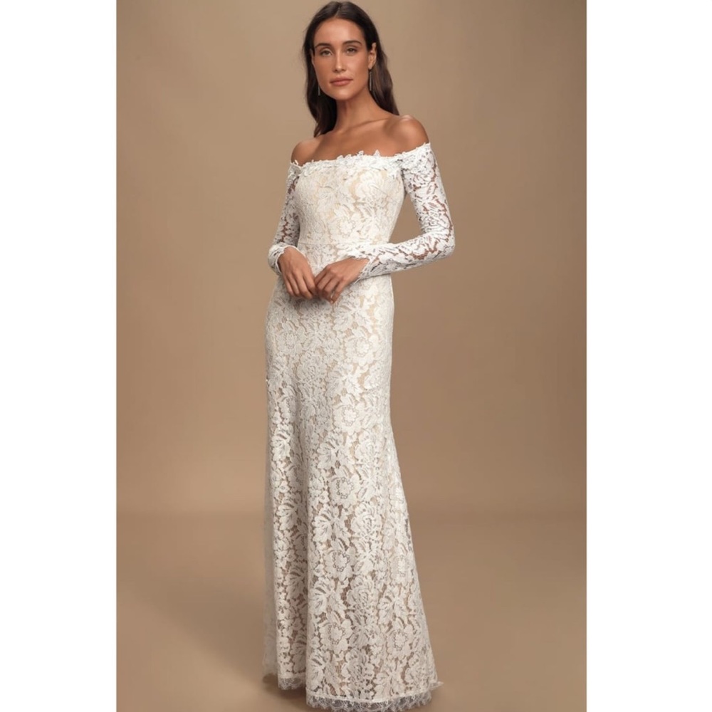 Lulu's Romance Dreamer Lace Off-The-Shoulder Dress in White, Size XS